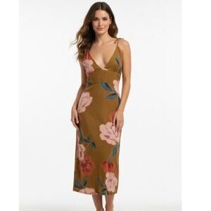 ONeill Floral Midi Smocked Dress Brown Pink Resort Beach Large Tropical Vacation